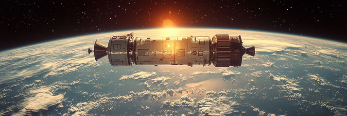Wall Mural - A spacecraft orbits Earth as the sun rises in the distance.