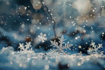 Aufkleber - Macro shot of snowflakes falling on the ground with blurred bokeh lights in the background.