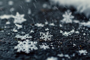 Aufkleber - Macro shot of snowflakes falling on the ground with blurred bokeh lights in the background.