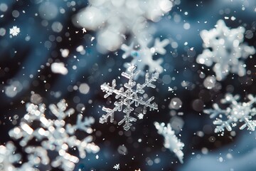 Aufkleber - Macro shot of snowflakes falling on the ground with blurred bokeh lights in the background.