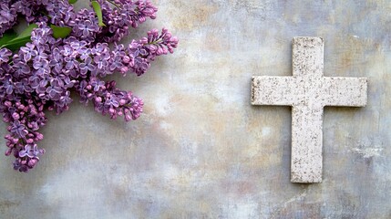 Wall Mural - White cross and violet or purple lilac blossom on old background for a condolence card..generative ai