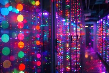 Aufkleber - Colorful LED lights reflecting on mirrored surfaces in a modern tech space during nighttime, creating a vibrant and immersive atmosphere