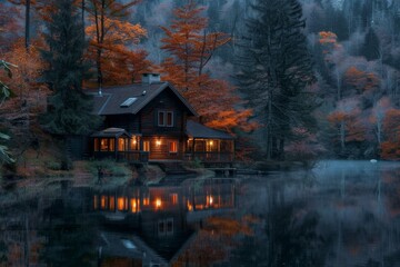 Cozy cabin by the serene lake surrounded by autumn foliage during twilight near a forested area