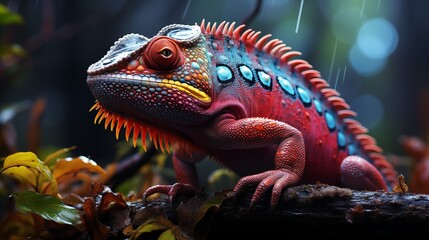 illustration of vibrant chameleon perches on moss its multicolored scales standing out against a misty forest backdrop