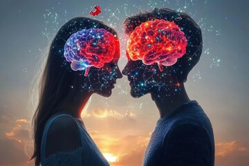 Canvas Print - Cognitive strength Emotional mirroring Romantic sunset couple with glowing brains representing emotional and mental connection shared thoughts and the unity of love and intellect