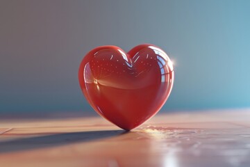 Poster - Beautiful red heart decoration on a polished wooden surface with soft lighting, symbolizing love and affection in a cozy ambiance