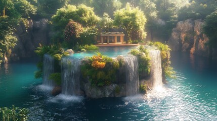 Tropical Waterfall Oasis with Gazebo