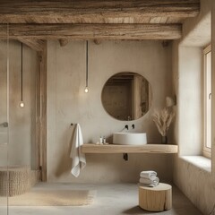 Wall Mural - Elegant bathroom design featuring natural materials and minimal decor