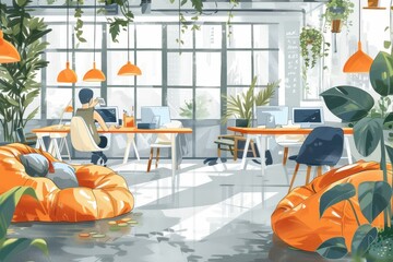 Aufkleber - A bright and colorful co-working space with modern decor and lush plants during a sunny day, featuring people collaborating and working on computers