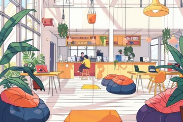 Aufkleber - A bright and colorful co-working space with modern decor and lush plants during a sunny day, featuring people collaborating and working on computers
