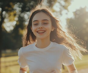 Joyful teenage girl running in a sunny park during golden hour