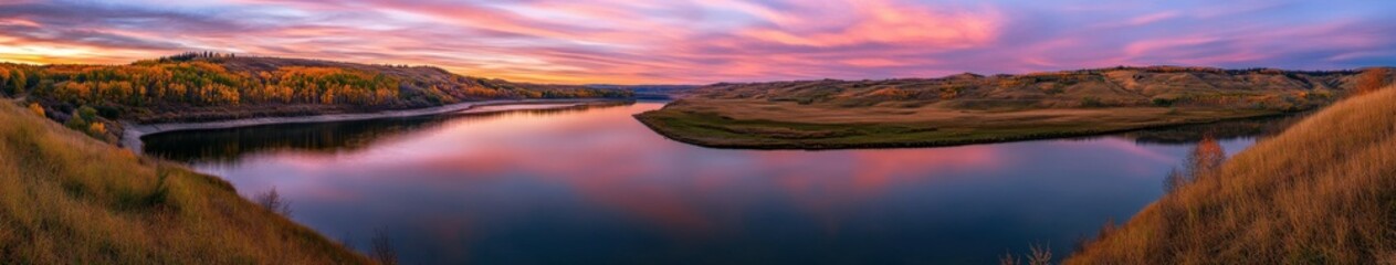 Wall Mural - Stunning sunset reflection over tranquil river in autumn landscape