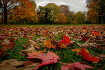 Colorful autumn leaves blanket the ground in a serene park setting, showcasing natures seasonal transformation during a crisp afternoon