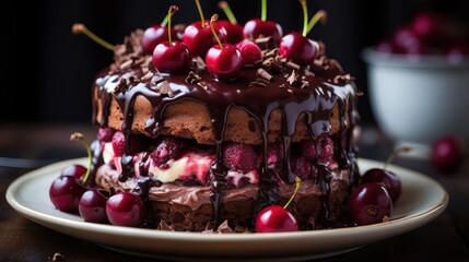 Wall Mural - a delicious chocolate cake topped with fresh cherries and smothered with chocolate syrup