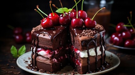 Wall Mural - a delicious chocolate cake topped with fresh cherries and smothered with chocolate syrup