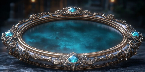 An ornate oval frame with gemstones, reflecting a mysterious blue surface.