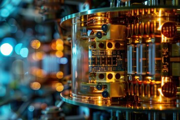 Fototapete - Close-up view of advanced quantum computing hardware showing intricate circuitry and glowing components in a high-tech laboratory environment