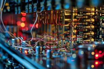 Fototapete - Close-up view of advanced quantum computing hardware showing intricate circuitry and glowing components in a high-tech laboratory environment