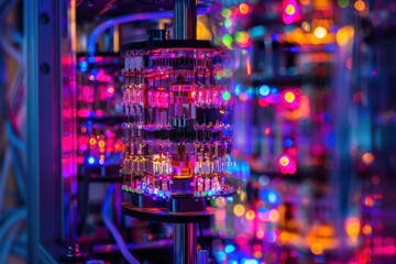 Fototapete - Close-up view of advanced quantum computing hardware showing intricate circuitry and glowing components in a high-tech laboratory environment