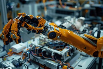 Leinwandbilder - Advanced robotic arm working in a high-tech manufacturing facility filled with machinery and intricate equipment during nighttime operations