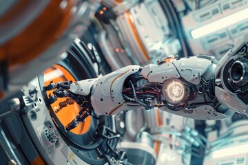 Leinwandbilder - Advanced robotic arm working in a high-tech manufacturing facility filled with machinery and intricate equipment during nighttime operations