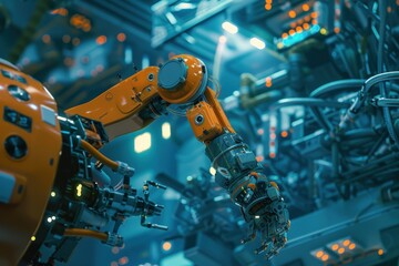 Leinwandbilder - Advanced robotic arm working in a high-tech manufacturing facility filled with machinery and intricate equipment during nighttime operations
