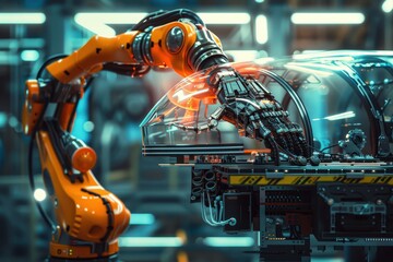 Leinwandbilder - Advanced robotic arm working in a high-tech manufacturing facility filled with machinery and intricate equipment during nighttime operations