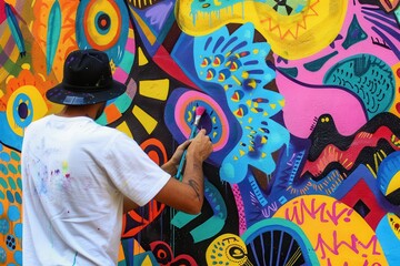 Poster - Artist creating a vibrant mural with colorful spray paint on a brick wall in an urban setting, showcasing creativity and expression in daylight