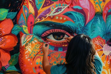 Fototapete - Artist creating a vibrant mural with colorful spray paint on a brick wall in an urban setting, showcasing creativity and expression in daylight