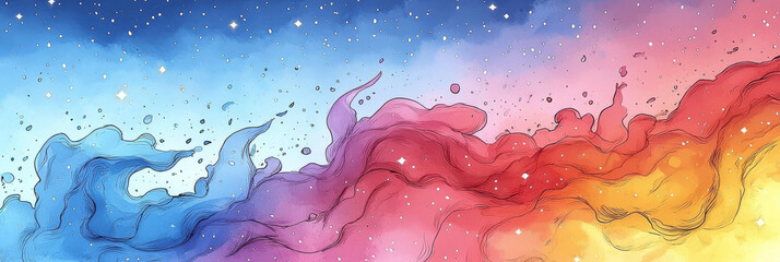 Wall Mural - Abstract watercolor painting of a starry sky with two waves of liquid colors.