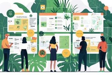 Leinwandbilder - Creative workspace featuring a wall covered in colorful sticky notes and project flowcharts, illustrating collaboration in a modern office setting