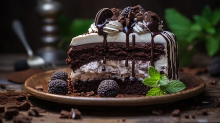 Wall Mural - a sumptuous serving of chocolate oreo cake, garnished with crushed oreo and smothered with chocolate syrup