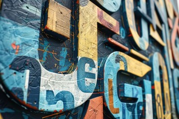 Poster - Vibrant abstract wall art in red, yellow, and black showcasing intricate designs and textures in an urban setting during daylight hours