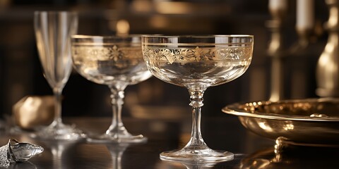 Two elegant champagne glasses with gold detailing on a dark wooden table, a brass tray sits to the right, and a crystal ornament sits to the left.