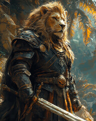 regal lion beastfolk warrior in armor surveying the battlefield in a sunlit forest with sword in hand