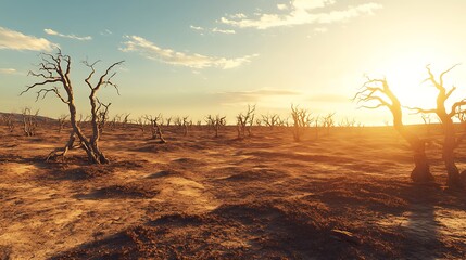 A sun-baked plain with withered trees, symbolizing the irreversible impact of drought and global warming on our world.