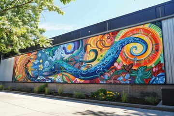 Poster - Colorful mural depicting vibrant patterns and designs on a building wall with lush greenery nearby during bright daylight