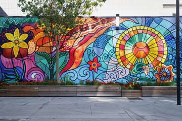Poster - Colorful mural depicting vibrant patterns and designs on a building wall with lush greenery nearby during bright daylight