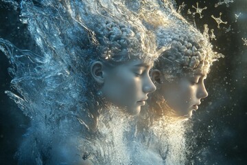 Canvas Print - Neuronal sharpness Neural network Mythical depiction of two women frozen in ice symbolizing winter frozen emotions and a deep connection between them in a surreal environment