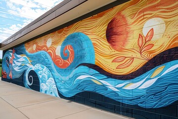 Poster - Colorful mural depicting vibrant patterns and designs on a building wall with lush greenery nearby during bright daylight
