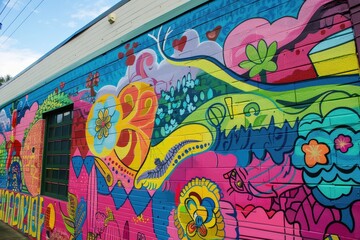 Poster - Colorful mural depicting vibrant patterns and designs on a building wall with lush greenery nearby during bright daylight