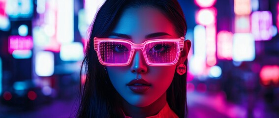 Canvas Print - Featuring a futuristic woman with cybernetic enhancements casting spells in a neon-lit city on Halloween, with a mysterious and enchanting tone to the photography concept