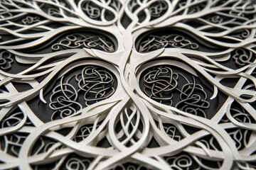 Intricate paper quilling art featuring swirling green and gold patterns, showcasing craftsmanship and creativity in artistic design