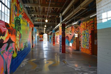 Poster - Colorful urban art fills the interior of an abandoned building in a vibrant display of creativity during daylight hours