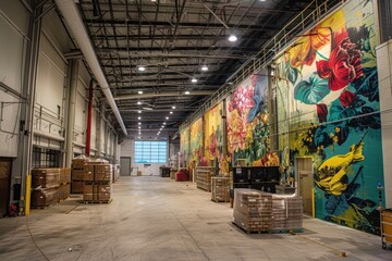 Poster - Colorful urban art fills the interior of an abandoned building in a vibrant display of creativity during daylight hours