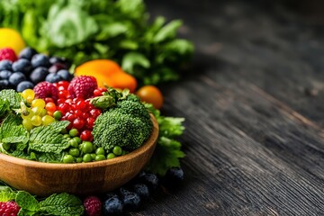 A vibrant bowl of fresh fruits and vegetables against a rustic wooden background, showcasing healthy eating and natural produce.