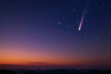 A breathtaking night sky filled with shooting stars over a serene desert landscape at dusk, showcasing the beauty of the cosmos and nature's tranquility