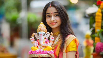 A young Indian woman, dressed in traditional attire, holds a beautifully decorated Lord Ganesha idol, symbolizing devotion and celebration of Ganesh Chaturthi