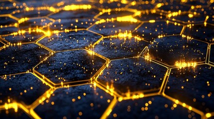 The sophisticated Hexagonal Abstract Black Metal Background features a golden light line pattern, a dark geometric texture in 3D, a grid pattern in bright colors, and a futuristic design that is