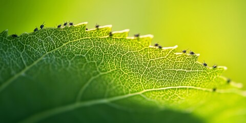 Aphids on the edge of a vibrant green leaf, macro shot highlighting intricate details of the leaf's texture and the tiny insects.